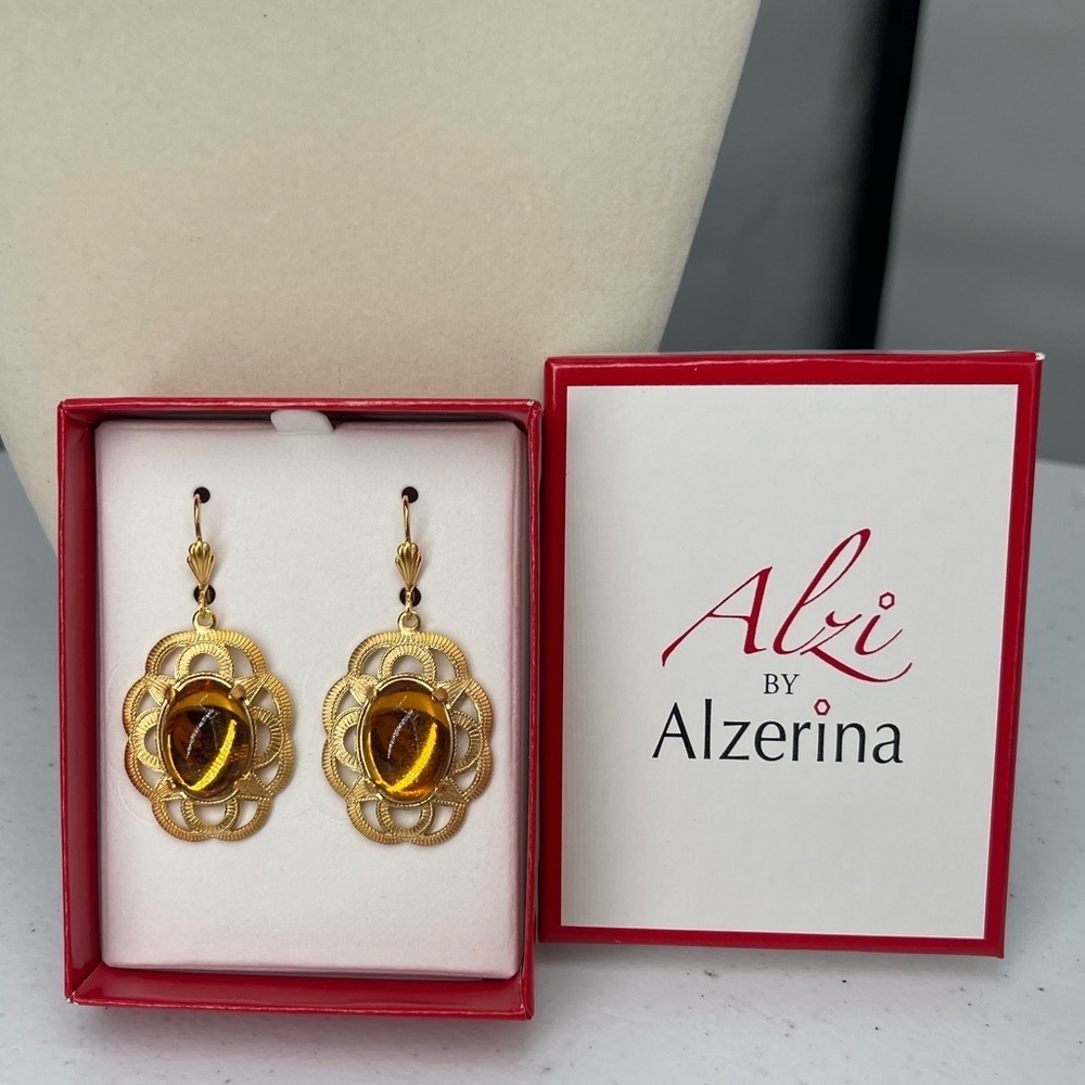 Alzerina Magnolia Earrings Topaz 24kt Gold Plated Filigree Austrian Crystal Alzi